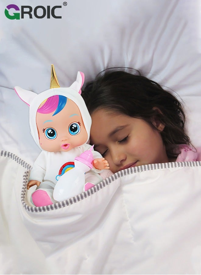 GROIC 8 Inch Cute Cry Baby Doll Dreamy Interactive Realistic 3D Simulation Baby Doll, Normal, Drink and Cry Little Dolls with 4 Emotions Baby Sounds - Red - Image 4