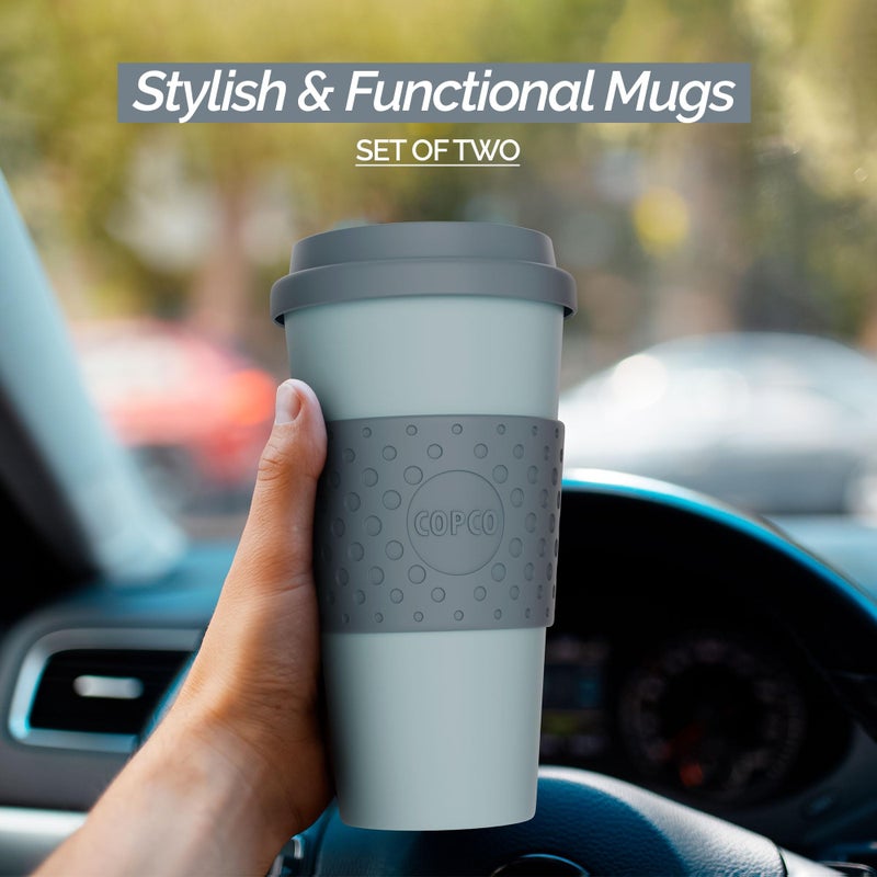 Copco Acadia 16oz Travel Mug with Lid  Set of 2 Double Wall Insulated Tumbler  Non-Slip Sleeve and BPA-Free - Microwave & Dishwasher Safe  Reusable Plastic To Go Travel Coffee Mug (Aqua/Gray) - Image 2