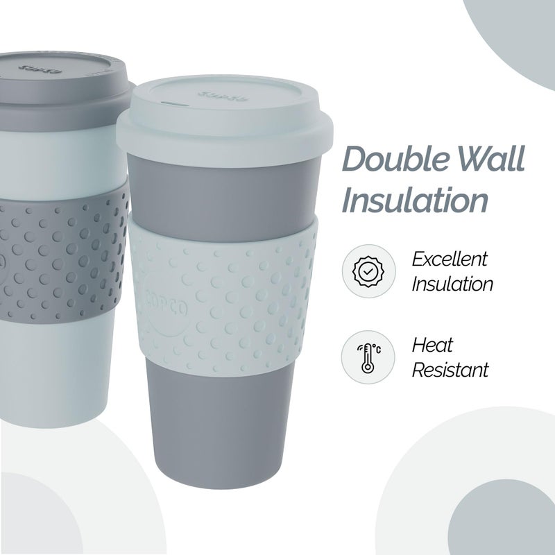 Copco Acadia 16oz Travel Mug with Lid  Set of 2 Double Wall Insulated Tumbler  Non-Slip Sleeve and BPA-Free - Microwave & Dishwasher Safe  Reusable Plastic To Go Travel Coffee Mug (Aqua/Gray) - Image 3