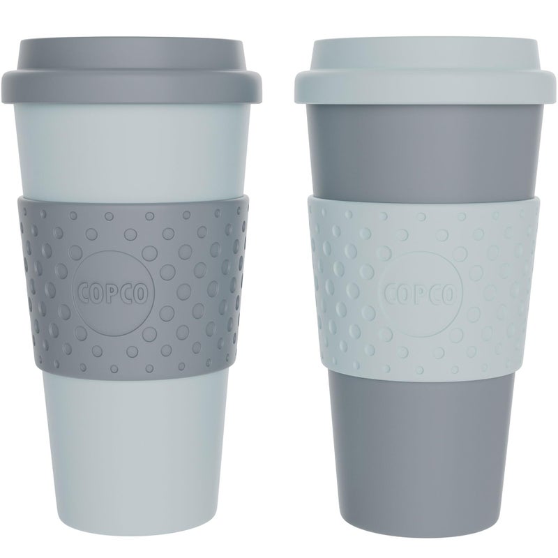 Copco Acadia 16oz Travel Mug with Lid  Set of 2 Double Wall Insulated Tumbler  Non-Slip Sleeve and BPA-Free - Microwave & Dishwasher Safe  Reusable Plastic To Go Travel Coffee Mug (Aqua/Gray) - Image 1