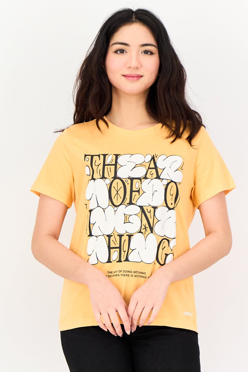 ONLY Women Crew Neck Short Sleeve Graphic Print T-shirt, Orange - Image 1