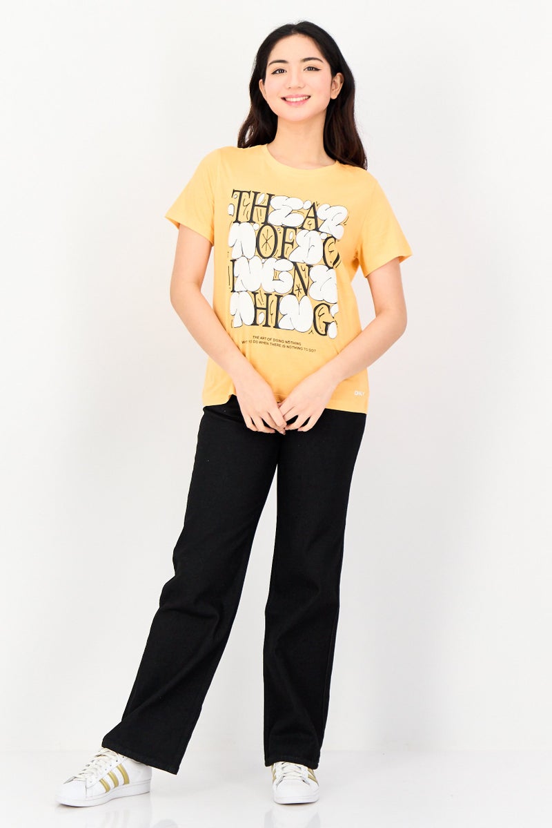 ONLY Women Crew Neck Short Sleeve Graphic Print T-shirt, Orange - Image 3