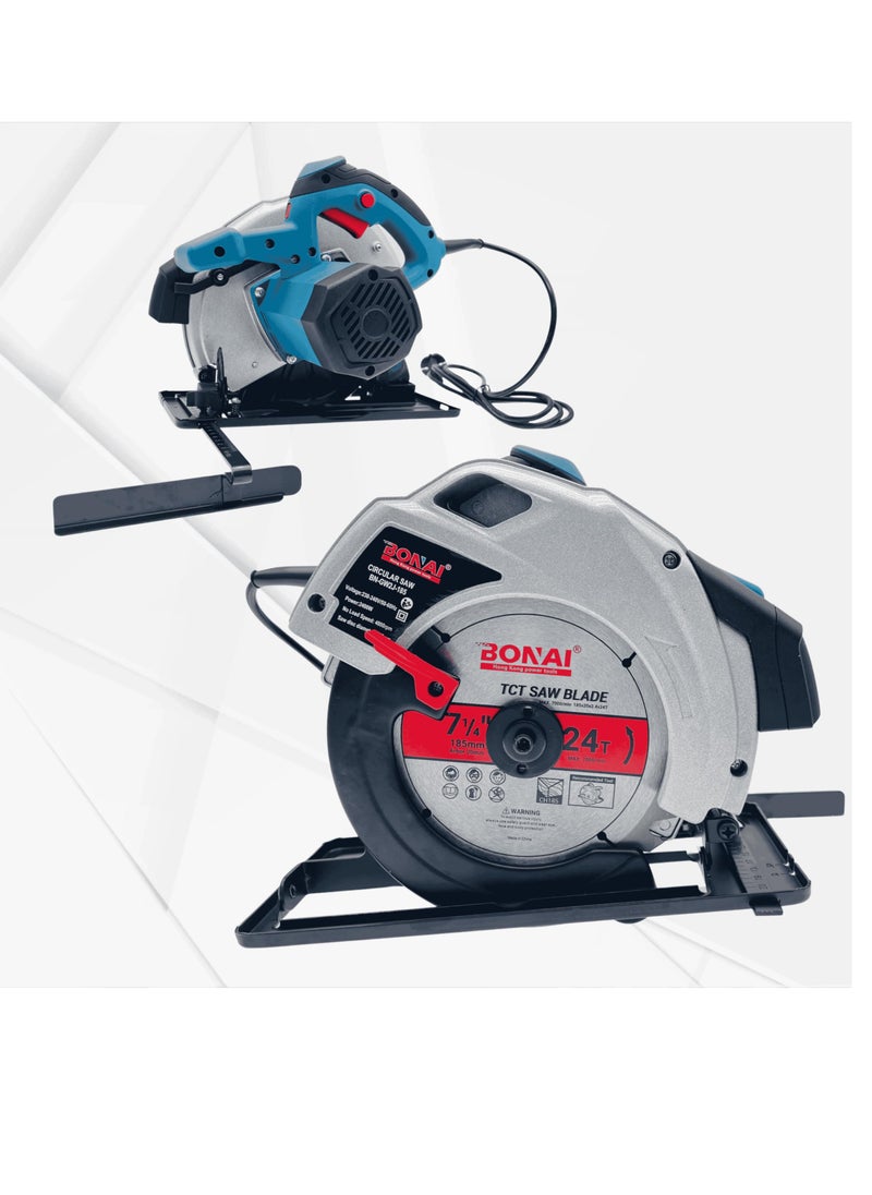 BONAI Circular Saw with 2400W Motor, 4800rpm, 185mm TCT Blade, 24T Teeth,65mm at 90°  & 41mm at 45° Cutting Depth, Steel Base, Ergonomic Handle, Angled Cuts, Wood Cutting  - Image 2