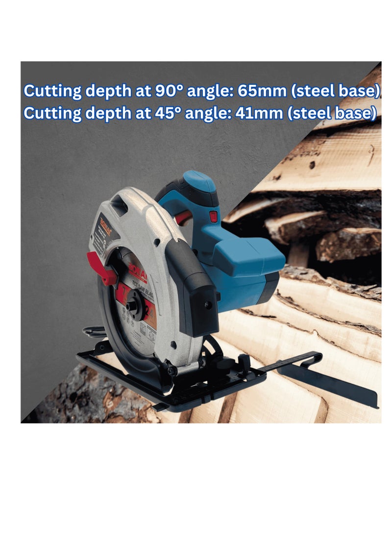 BONAI Circular Saw with 2400W Motor, 4800rpm, 185mm TCT Blade, 24T Teeth,65mm at 90°  & 41mm at 45° Cutting Depth, Steel Base, Ergonomic Handle, Angled Cuts, Wood Cutting  - Image 5