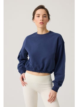 Los Ojos Navy Blue Wide Waist Drawstring Crop Sweatshirt Cropped Pullover  - Image 1