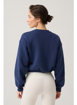 Los Ojos Navy Blue Wide Waist Drawstring Crop Sweatshirt Cropped Pullover  - Image 2