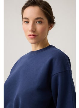 Los Ojos Navy Blue Wide Waist Drawstring Crop Sweatshirt Cropped Pullover  - Image 4