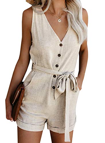 Acelitt Women's Casual V Neck Sleeveless Button Down Tie Waist Summer Short Jumpsuit Rompers Playsuit Short Pants with Pockets Beige XL - Image 1