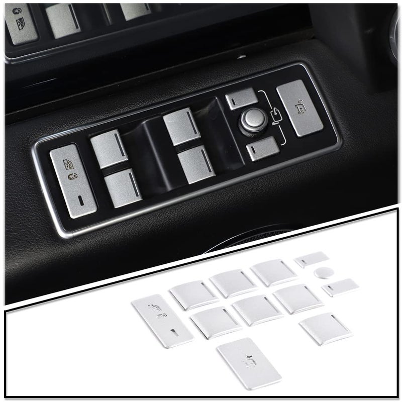 ملصقات غطاء زر رفع زجاج نافذة السيارة تينكي فضي وأسود، تريم ألمنيوم، ملحقات داخلية لسيارة لاند روفر، متوافقة مع لاند روفر رينج روفر فوغ 20132017، فضي، 12 قطعة