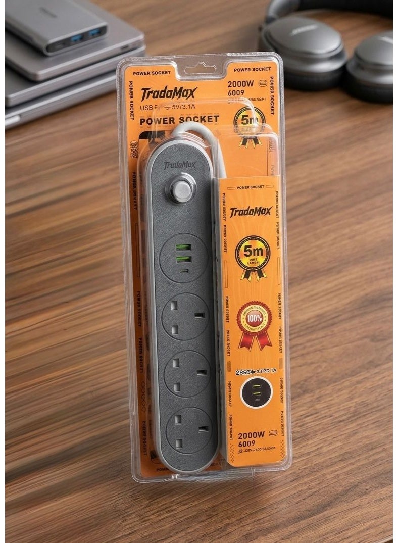 تراداماكس 5m Power Strip , 5 Meters Electric Extension Cord , 5m Power Extension Lead , Triple Socket Power Strip , Multi-Plug Extension , 2000W Power Socket , 13A Wall Socket Multi-Outlet , Power Strip with 3 UK Sockets and 2 USB Ports and Type-C Port , Power Converter , UK Plug Adapter , 3-Pin Multi-Plug Extension with Triple Sockets , Wall Extension with Dual USB and Type-C Port , PD Fast Charging Type-C Port , 3-Way Power Strip , Triple Extension Lead , Triple Plug Adapter , Smart Power Strip for Home and Office , Electric Power Adapter , 5m Extension Cable , Child-Safe Power Socket with Safety Shutter , Secure 3-Pin Electrical Plug , Power Hub with Safety On/Off Switch , Fast Charging Phone Power Strip , 220-240V Power Extension , Electronic Charging Station , Home and Office Electrical Supplies. - Image 2