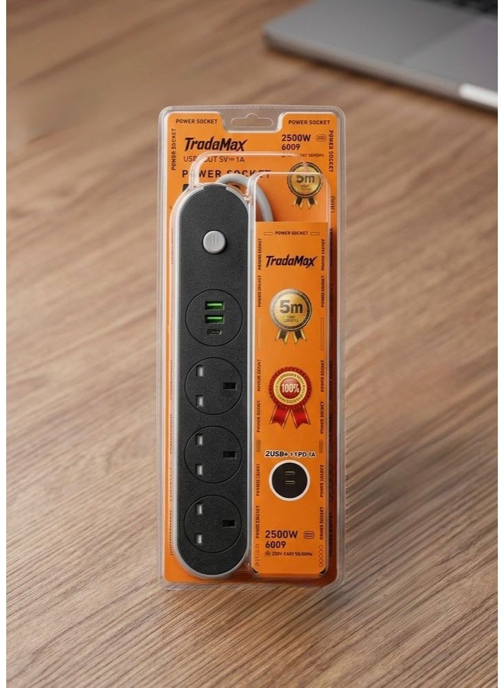 تراداماكس 5m Power Strip , 5 Meters Electric Extension Cord , 5m Power Extension Lead , Triple Socket Power Strip , Multi-Plug Extension , 2000W Power Socket , 13A Wall Socket Multi-Outlet , Power Strip with 3 UK Sockets and 2 USB Ports and Type-C Port , Power Converter , UK Plug Adapter , 3-Pin Multi-Plug Extension with Triple Sockets , Wall Extension with Dual USB and Type-C Port , PD Fast Charging Type-C Port , 3-Way Power Strip , Triple Extension Lead , Triple Plug Adapter , Smart Power Strip for Home and Office , Electric Power Adapter , 5m Extension Cable , Child-Safe Power Socket with Safety Shutter , Secure 3-Pin Electrical Plug , Power Hub with Safety On/Off Switch , Fast Charging Phone Power Strip , 220-240V Power Extension , Electronic Charging Station , Home and Office Electrical Supplies. - Image 3