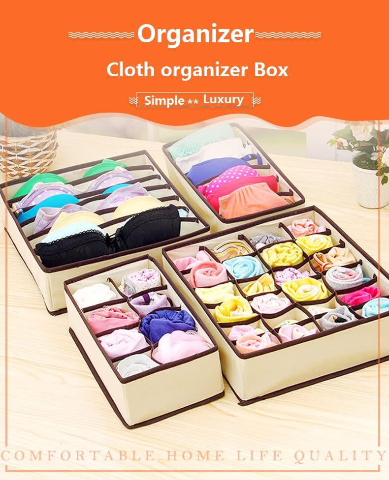 BROGBUS BROGBUS Foldable Storage Box for Wardrobe Undergarments Innerwear Cupboard Organizer Closet Drawer Divider Box for Socks Bra and Panty Tie Scarfs Set of 4 Cream  - Image 2