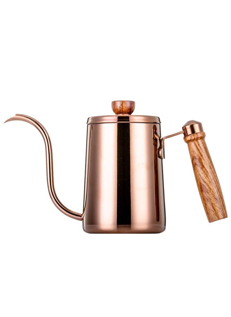 Stainless steel hand coffee pot with scale wooden handle 304 Teflon household commercial drip filter pot 600ml Rose Gold 600ml 