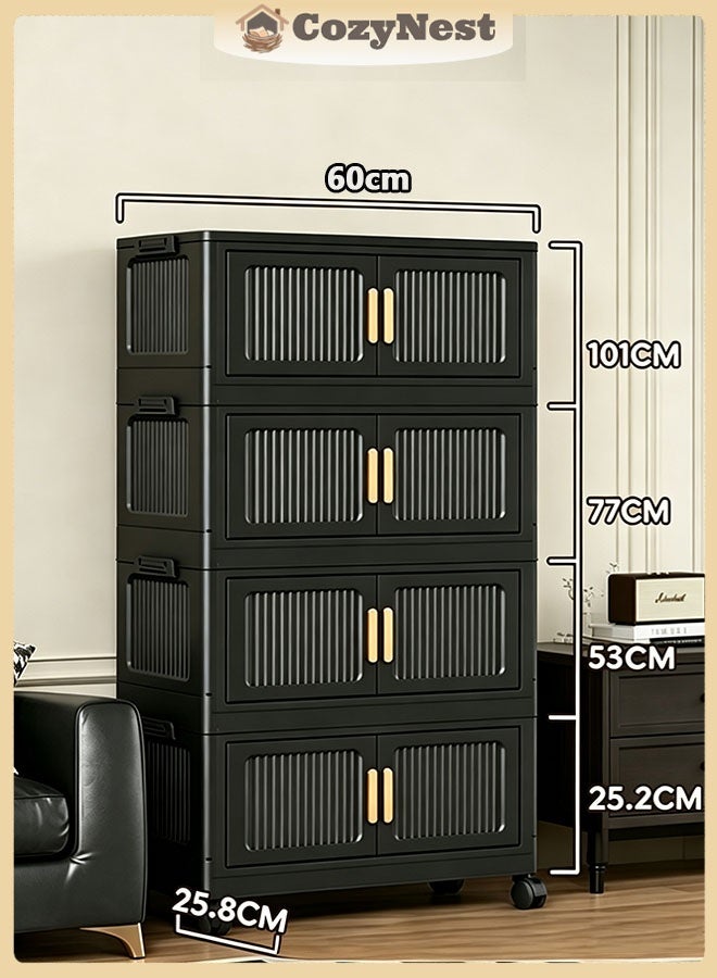CozyNest 4-Tier 60cm Wide  Foldable Storage Multifunctional Double Door Installation Free Storage Bins Cabinet with Wheels Freestanding Stackable Drawer Cabinet for Home,Office,Bedroom,Living Room,Study - Image 1
