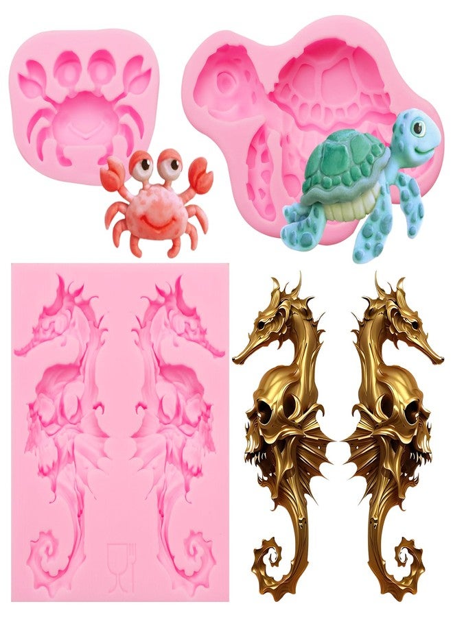 Xcake Lcook 4 Packs Marine Turtle Fondant Silicone Molds, Seahorse Chocolate Baking Molds Crab Fondant Mold for Sea Theme Sea Animal Cake Decoration Cupcake Toppers Cookie Clay - Image 1