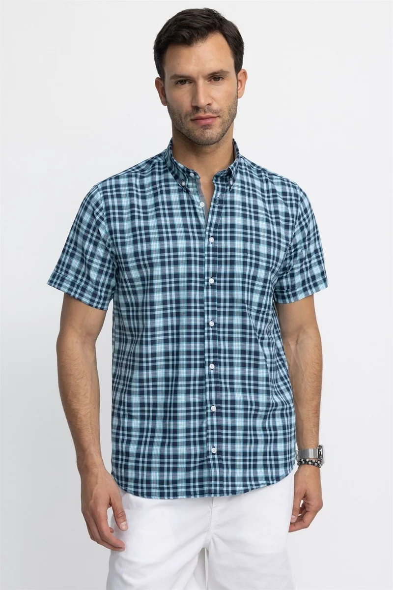 تودورس Classic Fit Short Sleeve Plaid Button Collar Men's Colorful Shirt