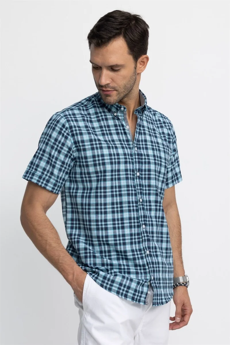 تودورس Classic Fit Short Sleeve Plaid Button Collar Men's Colorful Shirt