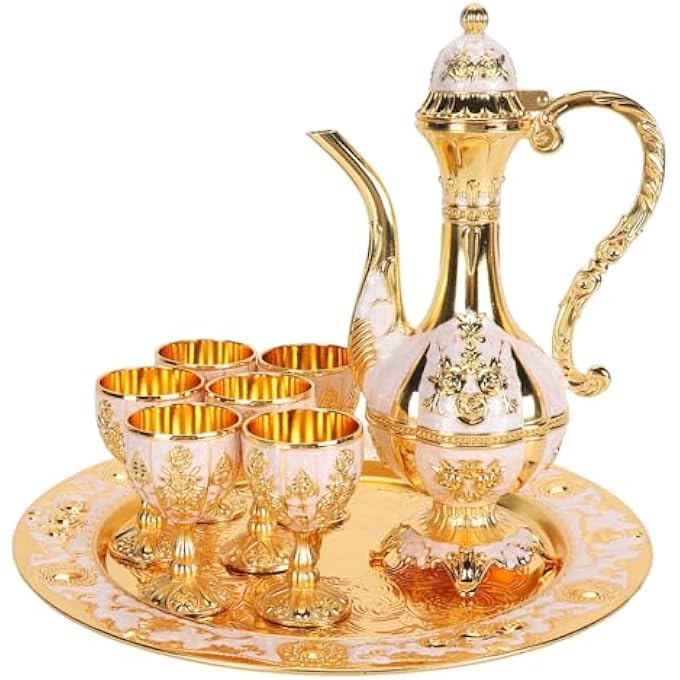 rayihni Turkish Tea Set Metal Teapot Set And Vintage Turkish Coffee Pot With 6 Coffee Cups And Tea Tray Coffee Pot Set Zinc Alloy Tea Tray Teapot And Tea Cups For Wedding Art Crafts - Image 1