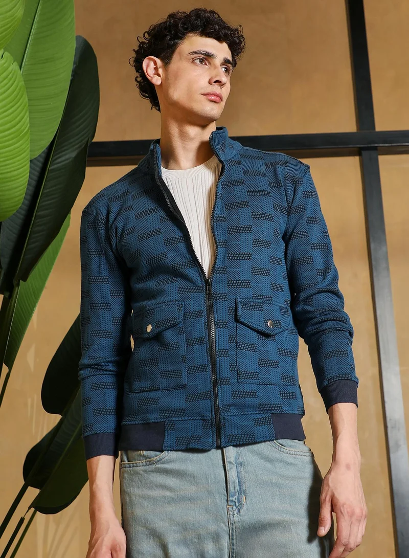 Men's Zip-Front Geometric-Jacquard Jacket | Stand Collar , Long Ribbed Cuff Sleeves , Zipper Closure , Ribbed-Straight Hem | Geometric Knitted Jacquard For Casual & Daily | Indigo Blue