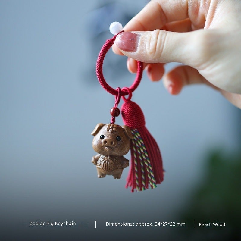 Cute Wood 12‑Zodiac Animal Keychain Pendant,Hand‑Carved Wooden Tassel Bag Charm Hanging Ornament Gift - Image 1