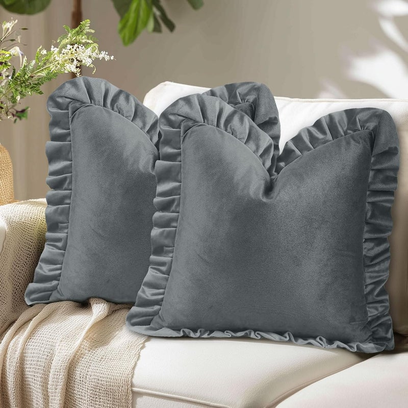 JIUZHEN Grey Throw Pillow Covers for Couch Sofa Livingroom Bed，Pack of 2 Velvet Decorative Square Throw Pillow Covers with Ruffles，20x20 Inch - Image 1