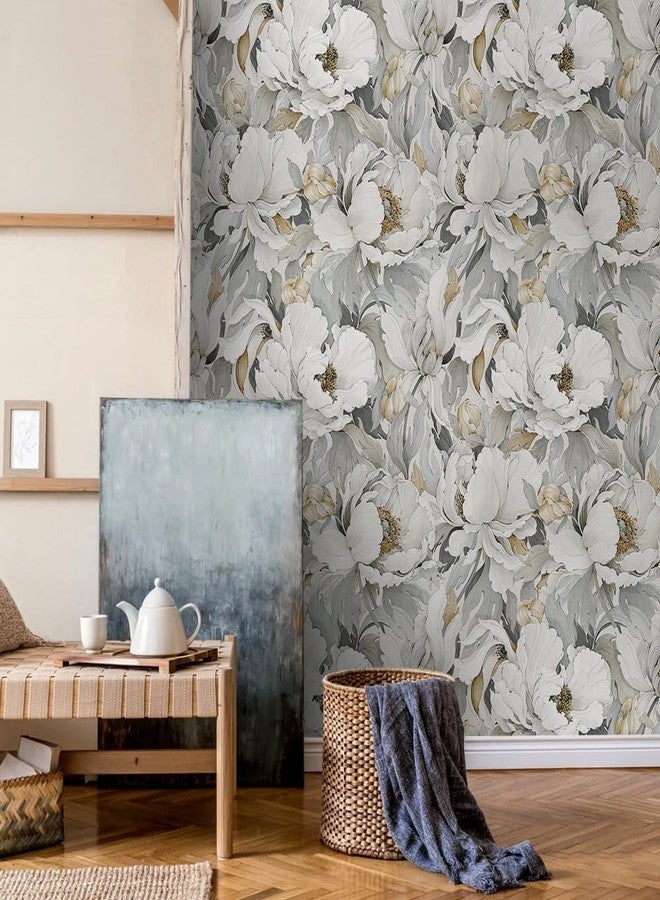 MuralPeel ورق جدران MuralPeel بنقشة زهور الخشخاش الأبيض، بنمط عصري، بنقشة زهور الفاوانيا الرمادية الكبيرة، بنمط كلاسيكي، سهل اللصق والإزالة، مناسب لغرف النوم، ومناسب للمستأجرين. - Image 5