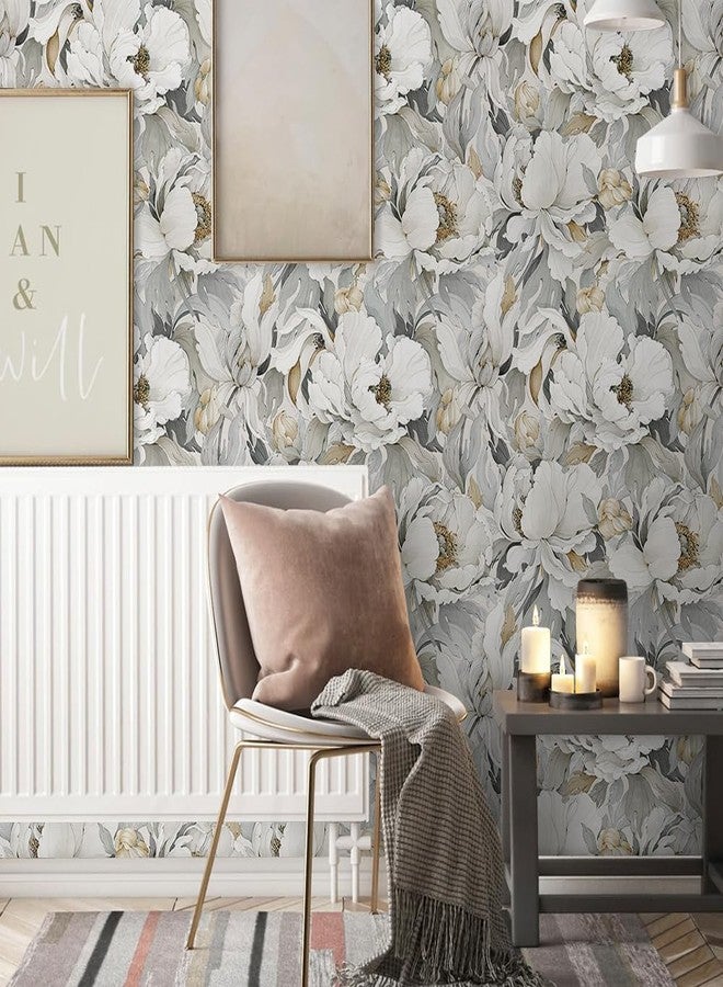 MuralPeel ورق جدران MuralPeel بنقشة زهور الخشخاش الأبيض، بنمط عصري، بنقشة زهور الفاوانيا الرمادية الكبيرة، بنمط كلاسيكي، سهل اللصق والإزالة، مناسب لغرف النوم، ومناسب للمستأجرين. - Image 2