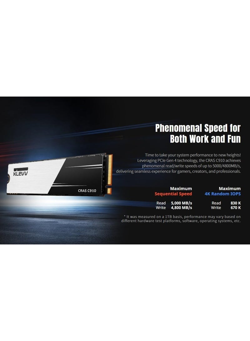 KLEVV CRAS C910 500GB M.2 2280 NVMe PCIe Gen4x4 Laptop & Desktop Internal SSD Heatsink Included, up to 5000MB/s - Image 2