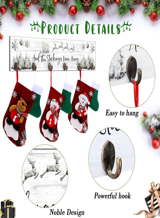 Soaoo Christmas Stocking Holder for Wall with 6 Hooks 24.4 x 5.7'' The Stockings were Hung Wood Hanging Sign Xmas Reindeer Socks Holder for Wall Xmas Decor Hooks Hangers for Fireplace(White, Silver) - Image 3