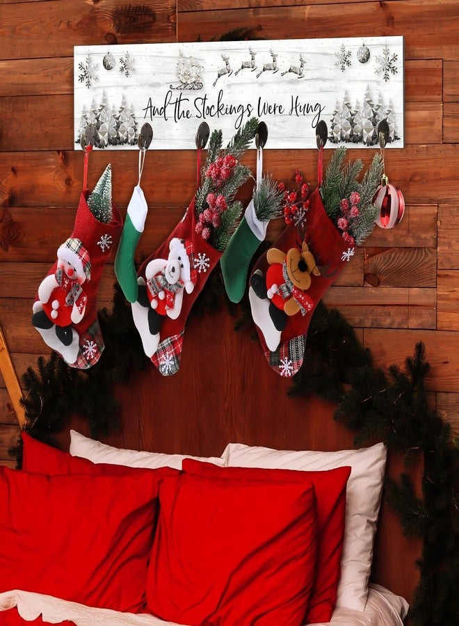 Soaoo Christmas Stocking Holder for Wall with 6 Hooks 24.4 x 5.7'' The Stockings were Hung Wood Hanging Sign Xmas Reindeer Socks Holder for Wall Xmas Decor Hooks Hangers for Fireplace(White, Silver) - Image 5