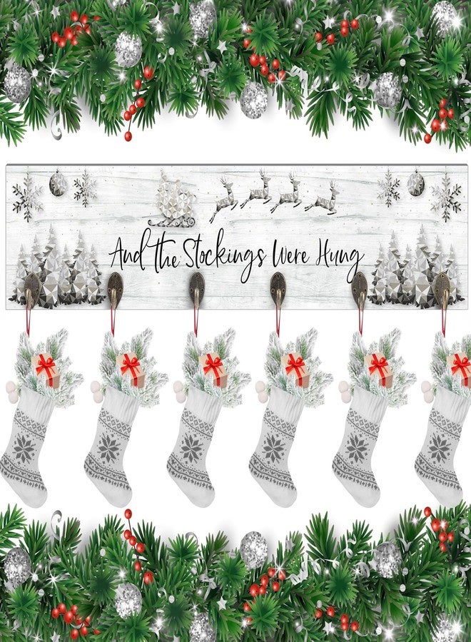 Soaoo Christmas Stocking Holder for Wall with 6 Hooks 24.4 x 5.7'' The Stockings were Hung Wood Hanging Sign Xmas Reindeer Socks Holder for Wall Xmas Decor Hooks Hangers for Fireplace(White, Silver) - Image 1