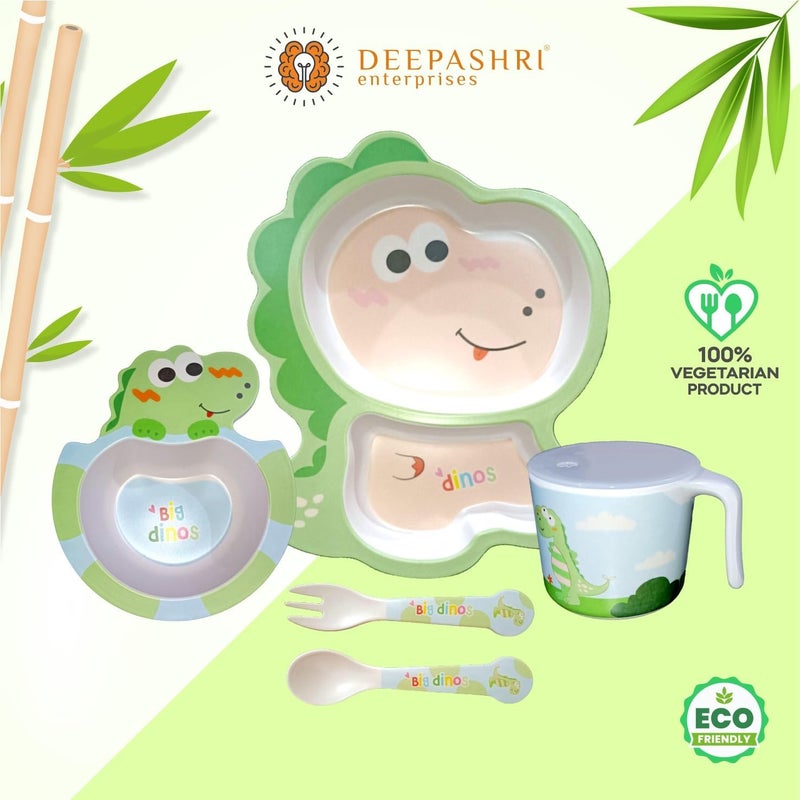 Deepashri™ Baby Dinosaur Shape Bamboo Fibre Dinner Set for Kids - Tableware Set Plate, Bowl, Cup, Fork and Spoon/Feeding Utensils for Kids and Toddlers Eco-Friendly & Biodegradable (Set of 5) - Image 2