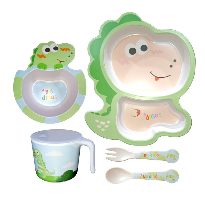 Deepashri™ Baby Dinosaur Shape Bamboo Fibre Dinner Set for Kids - Tableware Set Plate, Bowl, Cup, Fork and Spoon/Feeding Utensils for Kids and Toddlers Eco-Friendly & Biodegradable (Set of 5) - Image 1