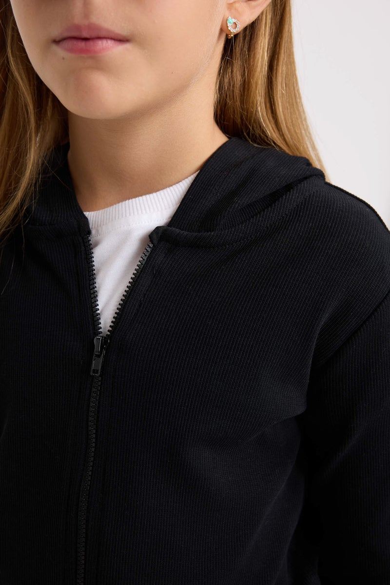 DeFacto Girl Hooded Ribbed Zippered Black Cardigan - Image 5