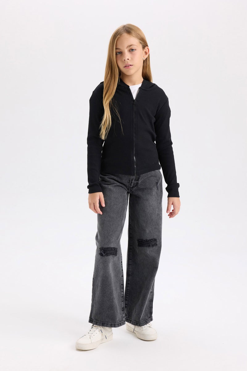 DeFacto Girl Hooded Ribbed Zippered Black Cardigan - Image 2