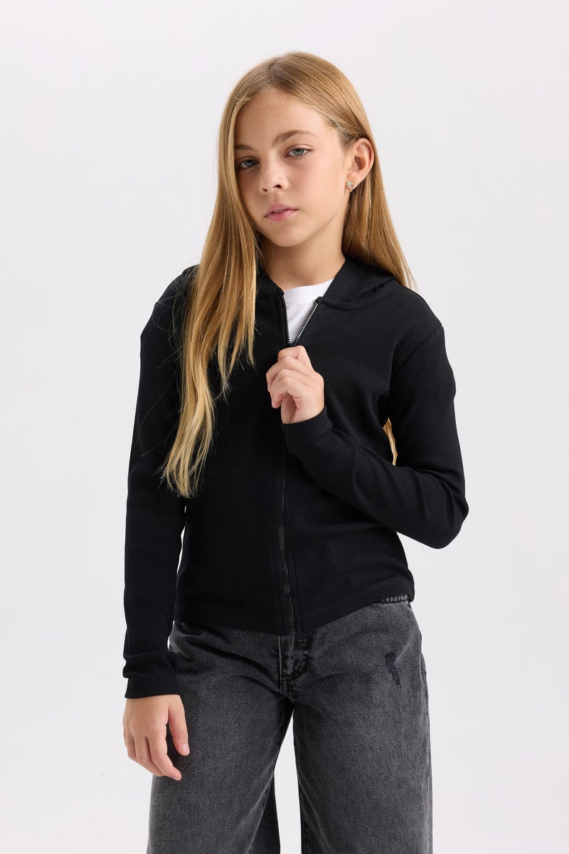 DeFacto Girl Hooded Ribbed Zippered Black Cardigan - Image 1