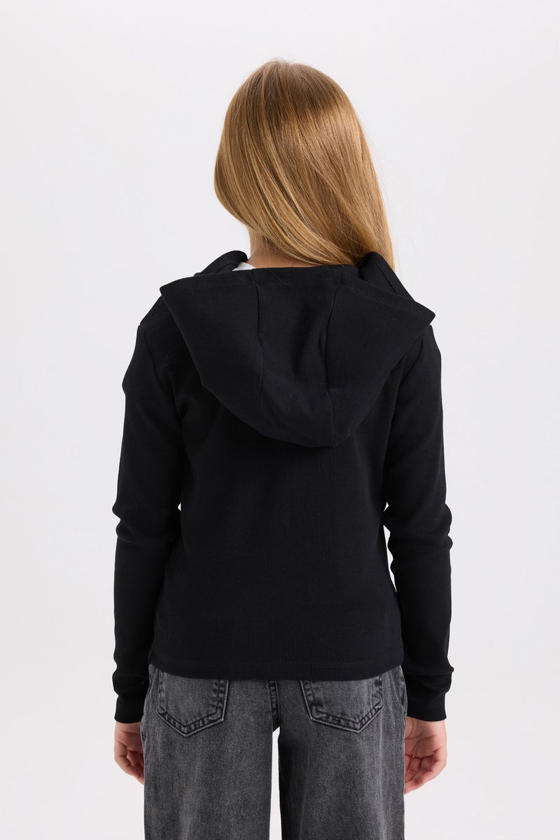 DeFacto Girl Hooded Ribbed Zippered Black Cardigan - Image 4