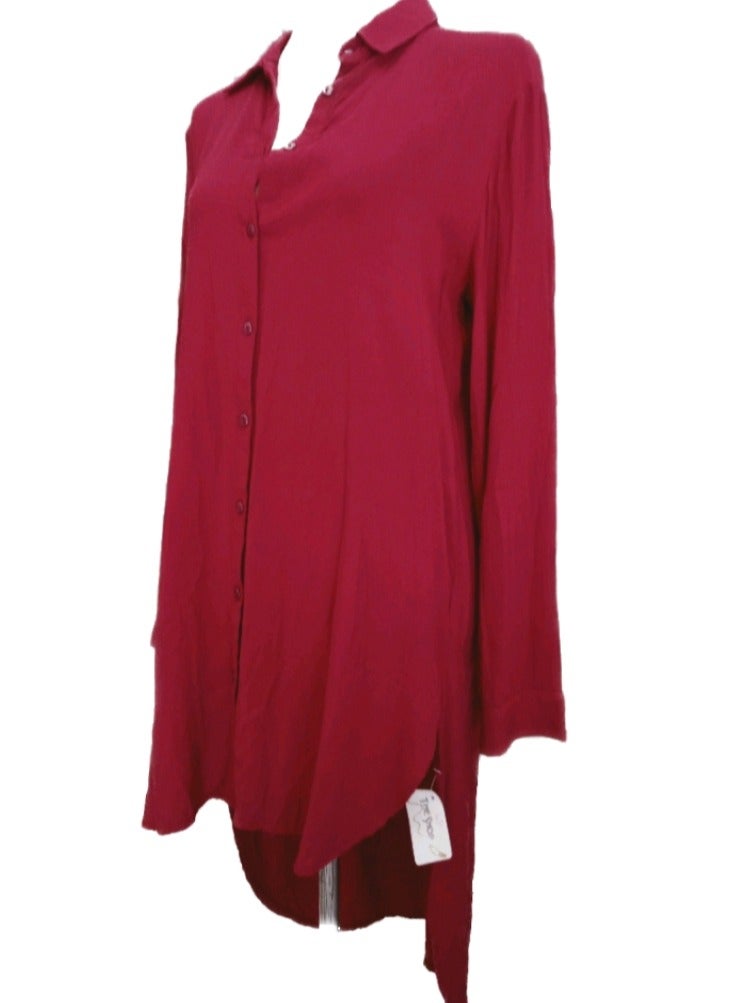 Women low high buttoned blouse shirt burgundy viscose - Image 3