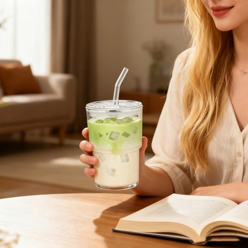 MINGHYZYA 13oz Glass Tumbler with Straw and Lid Leak Proof Iced Coffee Cup Thick Wall BPA Free Drinking Glass Water Cups for Iced Coffee Matcha Smoothie and TravelClear2pack - Image 3