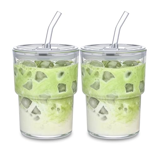 MINGHYZYA 13oz Glass Tumbler with Straw and Lid Leak Proof Iced Coffee Cup Thick Wall BPA Free Drinking Glass Water Cups for Iced Coffee Matcha Smoothie and TravelClear2pack - Image 1
