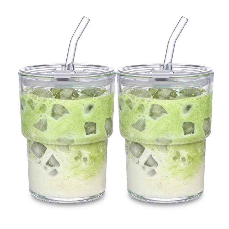 MINGHYZYA 13oz Glass Tumbler with Straw and Lid Leak Proof Iced Coffee Cup Thick Wall BPA Free Drinking Glass Water Cups for Iced Coffee Matcha Smoothie and TravelClear2pack - Image 2