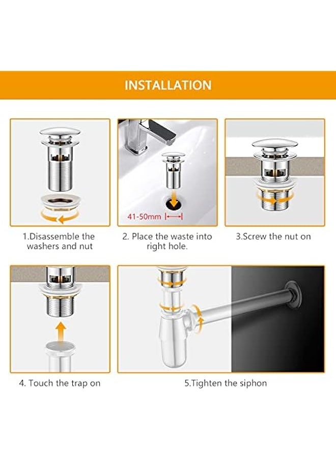 M20502 Pop Up Sink Plug Replacement, Basin Waste, Slotted Click Clack Waste with Overflow, Bathroom Sink Plug, 1/4" BSP, Chrome