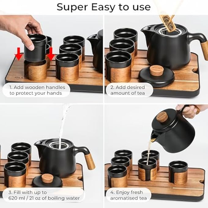 rayihni JapaneseChinese Tea Set 6 X 100 MlAsian Tea Pot 620 Ml With Tea Infuser Traditional Japanese Tea Cups Set For Tea LoversMenWomen Black - Image 5