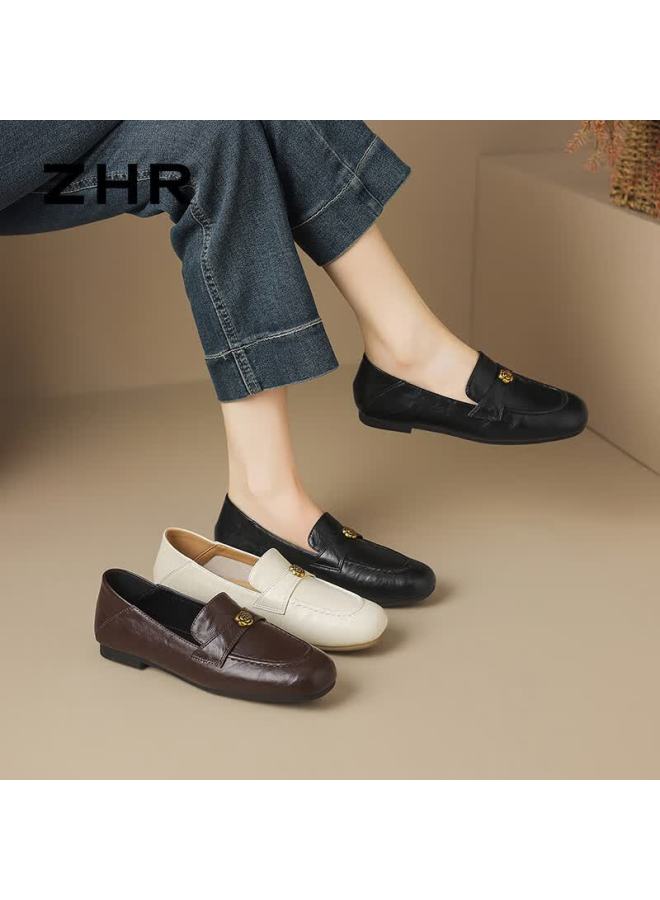Zhr Women's Loafers New Soft Flat Single Shoes Commuter Two-wear Small Leather Shoes Ce103 Beige Size 38 - Image 3