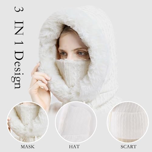 OMUKY Balaclava Hats for Women Cold Weather Thick Fluff Hats Adult Neck Face Cover Cap Ski Mask Neck Warmer(White) - Image 2