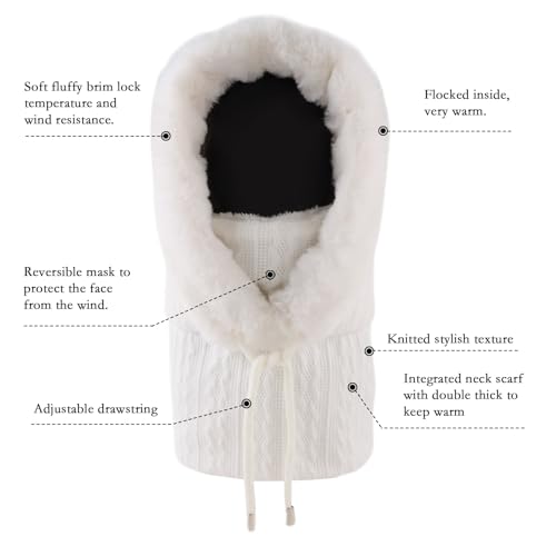 OMUKY Balaclava Hats for Women Cold Weather Thick Fluff Hats Adult Neck Face Cover Cap Ski Mask Neck Warmer(White) - Image 4