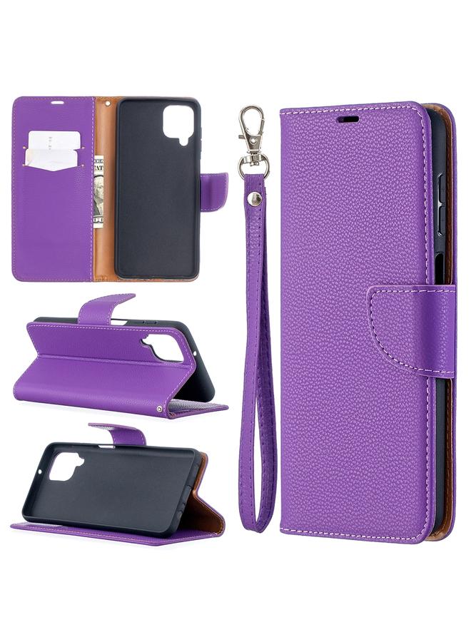 اس-توب جراب لهاتف Samsung Galaxy A12 من جلد البولي يوريثان بتصميم ليتشي بلون نقي مع حامل وفتحات للبطاقات ومحفظة وحبل تثبيت - Image 1