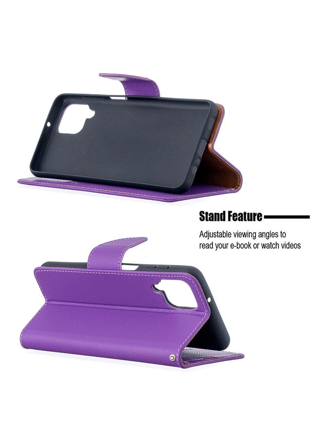 اس-توب جراب لهاتف Samsung Galaxy A12 من جلد البولي يوريثان بتصميم ليتشي بلون نقي مع حامل وفتحات للبطاقات ومحفظة وحبل تثبيت - Image 4