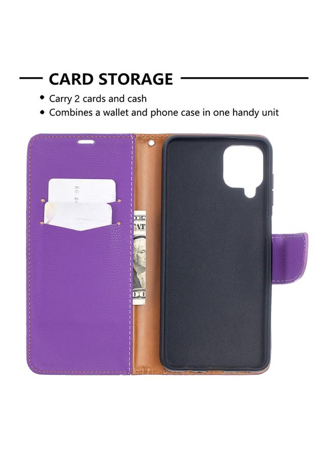 اس-توب جراب لهاتف Samsung Galaxy A12 من جلد البولي يوريثان بتصميم ليتشي بلون نقي مع حامل وفتحات للبطاقات ومحفظة وحبل تثبيت - Image 5