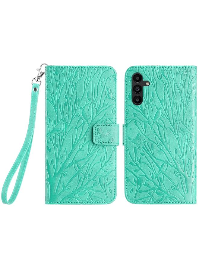 S-TOP Case For Samsung Galaxy A14 Tree Birds Embossed Pattern Leather Phone Case - Image 1